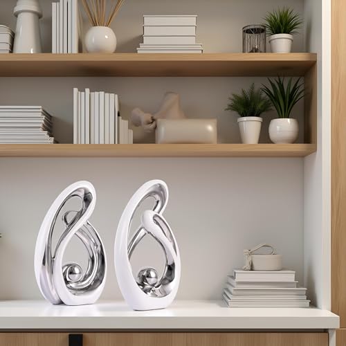 Home Decor Accent,Porcelain Art Mid Century Bookshelf Decorations,Gold Centerpieces for Tables,Abstract Ceramic Statue Sculpture for Coffee Table Mantel Tv Stand Centerpieces (White Silver, Small) - color: White Silver, size: Small