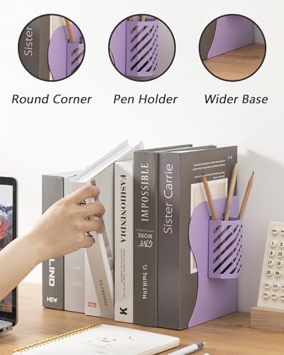 Kingsmile Book Ends, Adjustable Bookends for Shelves, Metal Bookends for Heavy Books, Book Stopper Organzier with Pen Holder for Desk, Kids Room, Office, Classroom, Library, Study Room.(Purple) - color: Purple