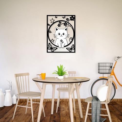 GlintHome Large Metal Wall Art - Cat Decor Flower and Butterflies Wall Sculptures for Bathroom Bedroom Living Room Kitchen Office Garden Home Wall Decoration - color: Black-1, size: Large