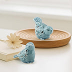 Set of 2 Blue Ceramic Bird Figurines, Glazed Bird Statues with Flower Detail, Farmhouse Modern Home Decor for Shelves, Bookcase, TV Stand, Entryway, Desk