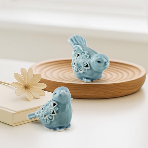 Set of 2 Blue Ceramic Bird Figurines, Glazed Bird Statues with Flower Detail, Farmhouse Modern Home Decor for Shelves, Bookcase, TV Stand, Entryway, Desk