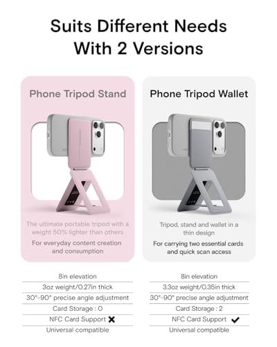 MOFT Invisible Phone Tripod Stand, Slim Foldable Selfie Stick Compatible with MagSafe, Pocket-Sized Cell Phone Tripod for Video Recording, MOVAS Leather Travel Essentials, Blush - color: Blush x Without Card Slot, size: Wthout Card Slot - For iPhone 12-17