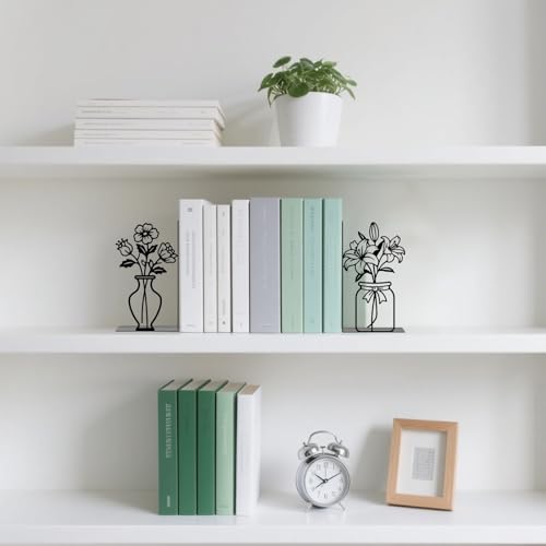 Metal Flower Book Ends Flower Vase Bookends Decorative Book Ends for Shelves Bookshelf Home Office Desk Bookshelf Decor Gift for Reading Enthusiasts - style: Flower Decorative Bookends
