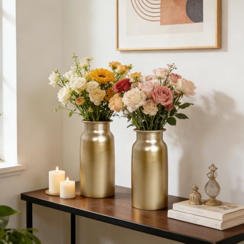 Set of 2 Champagne Gold Seamless Metal Flowers Vase Decor, 10.8" Tall Modern Matte Gold Floral Vase Pair, Shatterproof Leakproof, Elegant Home Decor Centerpiece for Table, Mantle, Shelf - color: Light Gold