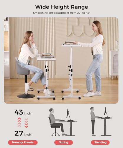 KLSMYHOKI Standing Desk Adjustable Height, Mobile Stand Up Desk with Wheels Small Computer Desk Rolling Desk, Portable Laptop Desk White Standing Table Home Office Desks 16"x31.5" Height 27"-43.5" - color: White