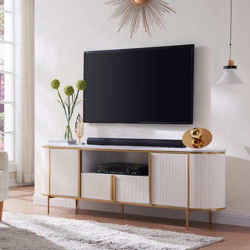 OKD Luxury 70" Fluted TV Stand, Modern Chic Entertainment Center for TVs Up to 80 inches, TV Console with Faux Marble Top, Curved Profile Design, Media Console for Living Room, Off White - color: Off White, size: 70" TV Stand without Fireplace