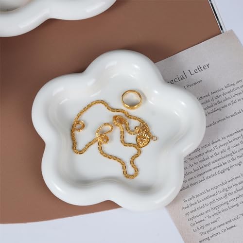 Small Ring Holder Dish, Ceramic Jewelry Dish Tray, Flower Shape Jewelry Tray for Women, Room Decor Aesthetic Trinket Dish, Wedding Engagement Jewelry Plate Bowl for Earrings Keys Perfume Gift