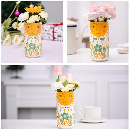 MOUGIGI Cute Small Ceramic Flower Vase-Colorful Boho Unique Round Design with Lively Smiley Patterns-Dopamine Decor Multi Use as Makeup Brush Holder, Pencil Pen Cup-Perfect for Weddings, Mother's Day - color: Sun Vase