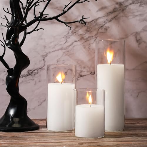 Shihanee Set of 6 Pillar Candles with Glass Cylinder Vases Clear Cylinder Hurricane Candleholders for Slim Tall Pillar Candles Wedding Table Centerpieces(3'' X 5.9", 7.9", 9.8",White) - color: White, size: 3'' X 5.9", 7.9", 9.8"