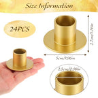 24 Pack Gold Taper Candle Holder Bulk for Pillar Candles, Metal Short Skinny Retro Flat Gold Tapered Candlestick Holders for Weeding Christmas Thanksgiving Dinner Party Table Centerpieces Decor