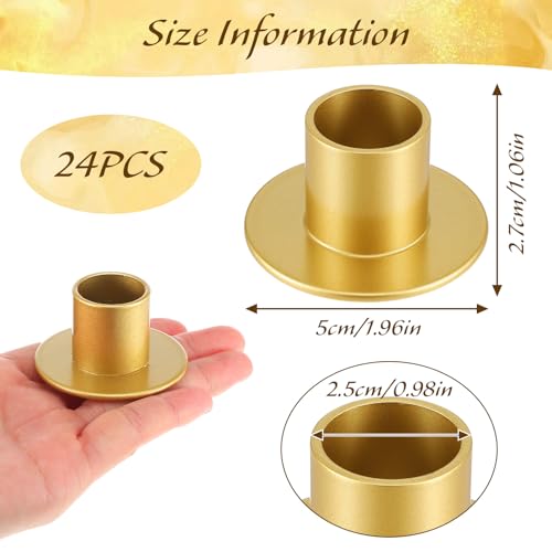 24 Pack Gold Taper Candle Holder Bulk for Pillar Candles, Metal Short Skinny Retro Flat Gold Tapered Candlestick Holders for Weeding Christmas Thanksgiving Dinner Party Table Centerpieces Decor