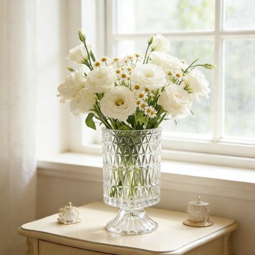 BLOFLO Embossed Glass Vase, 7'' Crystal Glass Vases, Pedestal Big Base Glass Bouquet Vase, Hydroponic Glass Transparent Vase for Home Office Wedding Dining Table Party (Long Rhombus Pattern) - color: Long Rhombus Pattern