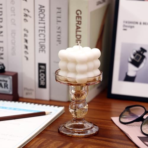 Glass Candle Holder Set of 4, Amber Candlestick Holders for Pillar Candles, 4.5" H, Candle Stand Decorations for Living Room - color: Amber