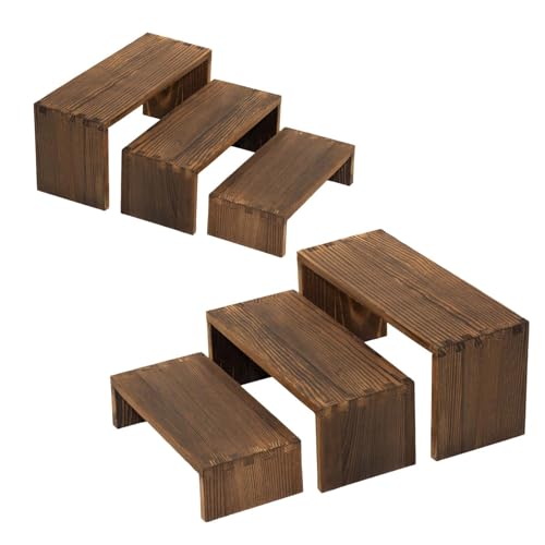3-Tier Wood Display Riser 2 Set, Tiered Display Stand for Food, Kitchen, Desk & Party - Solid Pine Wooden Shelf & Organizer for Plants, Collectibles, Office (9.5/8.5/7.5 In)