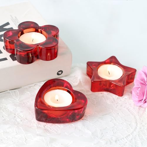 Red Votive Candle Holders Set of 12, (3 Sizes,Heart/Flower/Star) Glass Tealight Candle Holders Bulk for Wedding Table Centerpiece,Birthday Party,Valentines Day,Christmas Decorations,Home Decor(Red) - color: Red