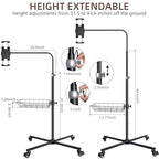 Premium Rolling Tablet Floor Stand with Heavy Duty Industrial Wheels & Storage Basket, Tall Adjustable iPad Stand Floor on Wheels, Universal Mount Holder for iPad Pro, Air, Mini, Phone
