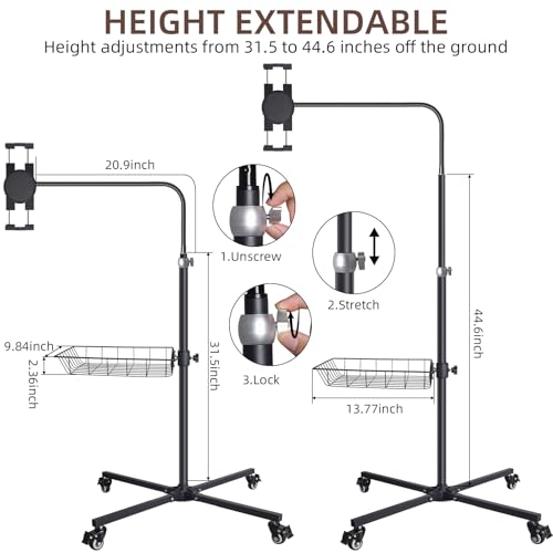 Premium Rolling Tablet Floor Stand with Heavy Duty Industrial Wheels & Storage Basket, Tall Adjustable iPad Stand Floor on Wheels, Universal Mount Holder for iPad Pro, Air, Mini, Phone