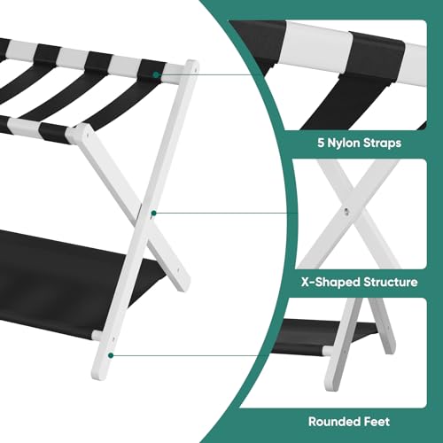 Smuxee White Bamboo Luggage Rack for Guest Room, Foldable Suitcase Stand with Storage Shelf, Easily Assembled Luggage Stand with 5 Nylon Straps for Guest Room Bedroom Hotel - color: White 1PCS