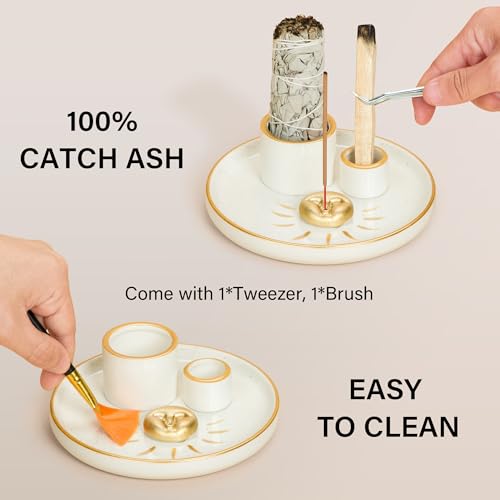ZenBless Multifunction Incense and Candle Holder for Burning Sage, Palo Santo, Incense Sticks - 5.9" Ceramic Ash Catcher Tray for Meditation Room Home Decor Spritual Gifts(Gold Sun) - color: Gold 2