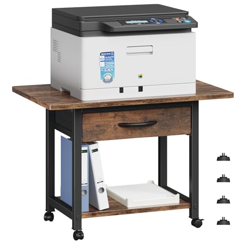 YAOHUOO Large Printer Stand with Storage Drawer, 2-Tier Under Desk Table for Home Office, Fits Fax Machine/3D Printer/Scanner (Brown) - color: Rustic Brown, size: 2-Tier
