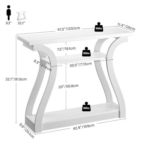 Wooden Console Table with Curved Legs and Shelf, 3-Tier Modern Accent Narrow Sofa Table for Entrance Area, Living Room, Hallway, 47 in Wide Wood Console Table for Entryway (White) - color: White