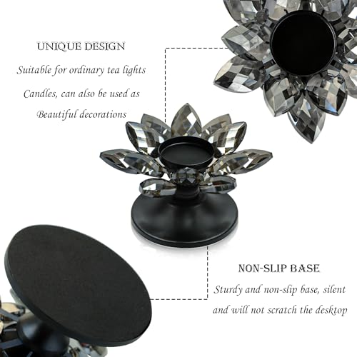 1 PC Black Crystal Flower Tea Light Holder, Glass Tealight Candlestick with Metal Base, Votive Candle for Table Centerpiece, Wedding/Parties Decor, Nice Gift - color: Black
