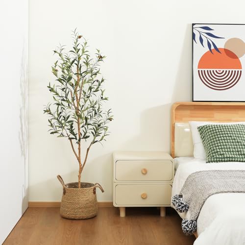 Kazeila Artificial Olive Tree 5FT Tall Faux Silk Plant for Home Office Decor Indoor Fake Potted Tree with Natural Wood Trunk and Lifelike Fruits - size: 5ft