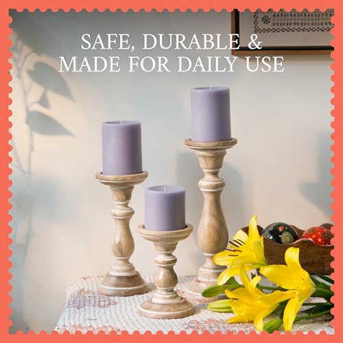Mela Artisans Mango Wood Pillar Candle Holders Set of 3, Hand-Carved Whitewashed Decorative Candles for Living Rooms, Centerpieces & Mantel Decor - color: Whitewash