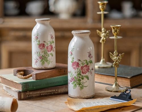 Ceramic Rustic Farmhouse Vase, Distressed Flower Vase for Home Decor, Ideal Shelf Decor, Boho Vase for Living Room Bedroom Kitchen Office Decor Centerpiece Table Decorations (6 inches) - color: Pink Flora, size: 6 Inch
