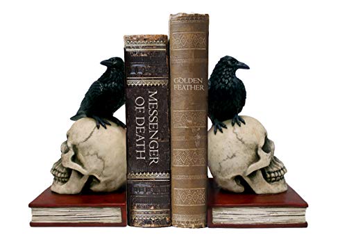 Evil Omen Raven On Skull Perch Decorative Bookend Set