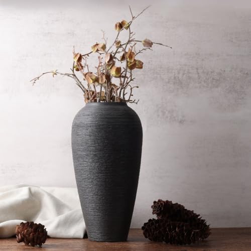 Rustic Farmhouse Flower Vase - 13.4 Inchs Large Black Ceramic Vase, Pampas Grass Vase, Modern Farmhouse Decor Vase for Home Decor, Dining Table, Entryway, Centerpiece, Living Room, Shelf Decorative - size: Large