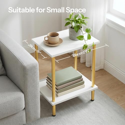 HOOBRO End Table, Small Side Table, Nightstand with 2-Layer Storage Shelves, Sofa Table for Small Spaces, Living Room, Bedroom, Stable Frame, Easy Assembly, White and Gold DW09BZ01 - color: White + Gold