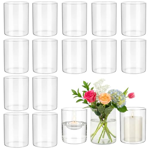 16 Pcs Glass Cylinder Bud Vases for Centerpieces, Birthday Party Wedding Centerpiece Table Decorations, 4 Inch Small Cylinder Living Bud Vases in Bulk for Flowers Pillar Candles Floating Candles - size: 4*3.2*3.2inch