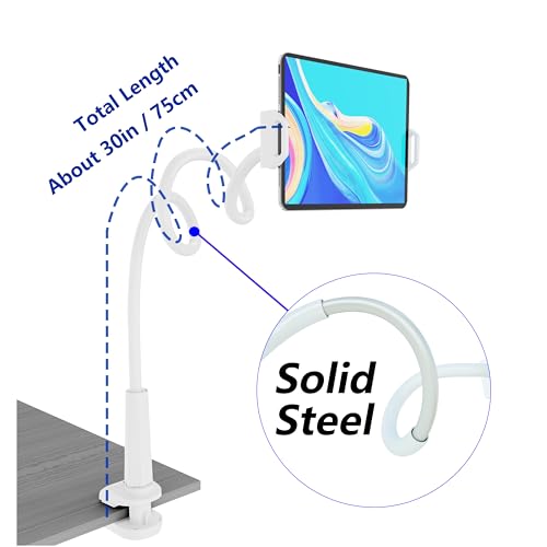 Tablet Stand Holder, Mount Holder Clip with Grip Flexible Long Arm Gooseneck Compatible with ipad iPhone/Nintendo Switch/Samsung Galaxy Tabs/Amazon Kindle Fire HD (New White) - color: White