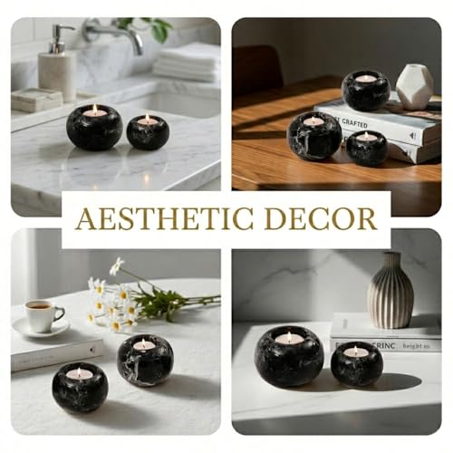 Radicaln Marble Tealight Candle Holder 4" Inches Black Handmade Candle Accent for Home Decor, Ideal Set of 3 Small Votive Candle Holders & Marble Taper Holder for Table Centerpieces - color: Black