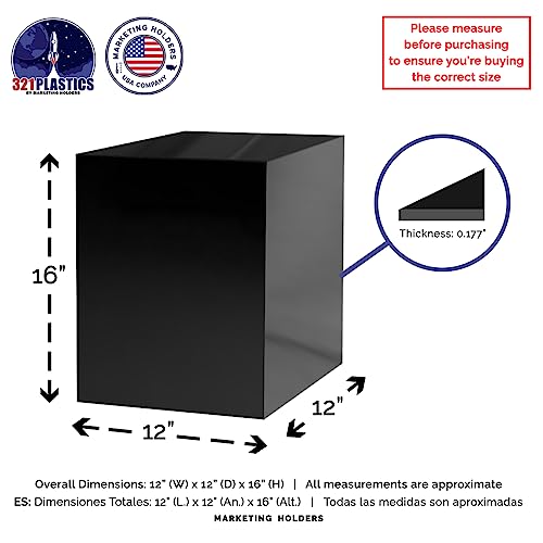 12" x 12" x 16" Glossy Black Acrylic Display Box with One Open Side No Lid Versatile Tall Retail Product Riser or Merchandise Storage Bin by Marketing Holders - color: Glossy Black, size: 12"w x 12"d x 16"h