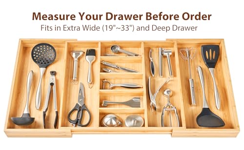 Umilife Extra Large Expandable Kitchen Drawer Organizer for Utensil and Junk, 19" Deep for Big Drawer, 19" to 33" Adjustable Bamboo Wood Drawer Divider, Cutlery Tray, Flatware Holder - style: For Utensil (19"~33" x 19")