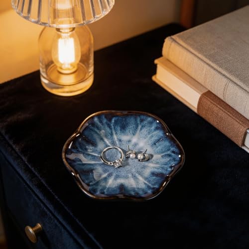 Blue Lotus Leaf Shape Ring Jewelry Dish Holder,Small Trinket Jewelry Tray,Decorative Jewelry Plate Bowl,Key Bowl,Mothers Day Birthday Engegament Gifts for Women Mom Friends,Ceramic - color: Lotus Blue