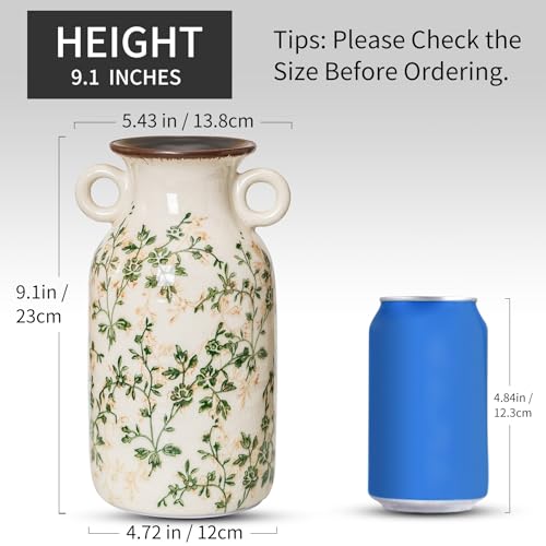 Vintage Pastoral Ceramic Vase with Handles 9.1”, Green & Beige Chinoiserie Floral Vase, Rustic Farmhouse Decor for Living Room, Kitchen, Bedroom - color: 12-green and Beige