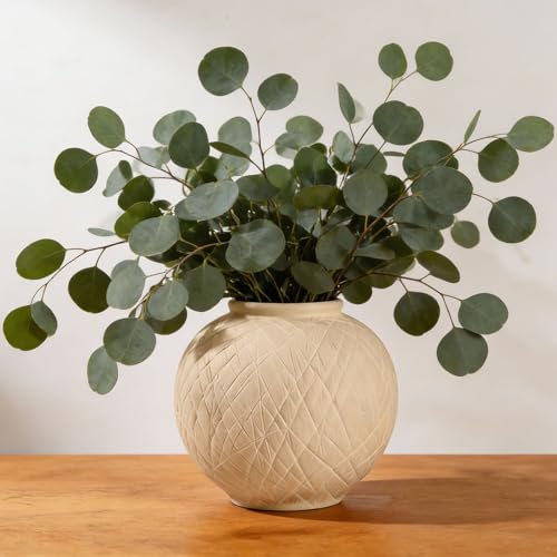 Carved Rustic Farmhouse Vase Home Decor - 6 in Ceramic Boho Decorative Vase for Decor, Round Clay Beige Terracotta Bowl vase for Living Room, Table, Shelf, Centerpieces - style: 03 - Small Rustic Carved Beige