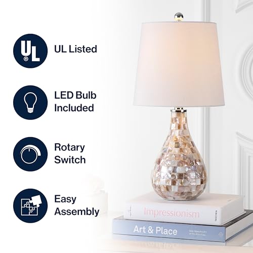 JONATHAN Y 20.5" Seashell Coastal Mini LED Table Lamp for Living Room Office, White Linen Drum Shade, Modern Mother of Pearl Bedside Nightstand Lamp, LED Bulb Included JYL1024A - color: Seashell
