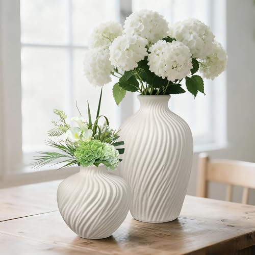 White Ceramic Vase Set of 2 - Modern Flower Vases for Home Decor - Rustic Textured White Vase for Living Room Decor - 8.65×5.5 & 5.5×5.5 Inch Round Vases for Dining Table Centerpiece Decoration