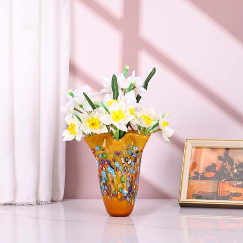 DOVDOV Handmade Glass Blown Orange Wide Mouth Irregular Vase, Modern Art Decoration for Home Office Living Room Dining Table Centerpiece