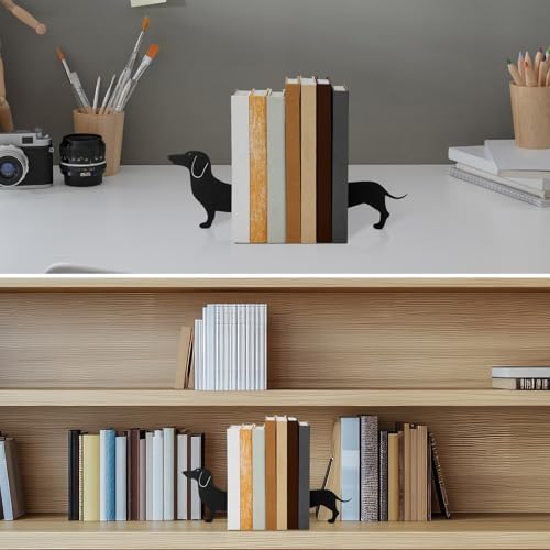 Novabright Wiener Dog Dachshund Silhouette Metal Bookends Set of 2 Dachshund Book Ends for Shelves Decorative Bookshelf Home Office Desk Bookshelf Decor Gift for Dog Lovers and Reading Enthusiast