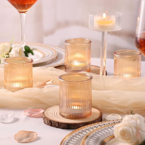 NITIME 32pcs Ribbed Gold Votive Candle Holders for Wedding Table Decor, Tea Light Candle Holder Glass, Gold Candle Holders for Table Centerpiece, Diwali and Holiday Decorations - color: Gold