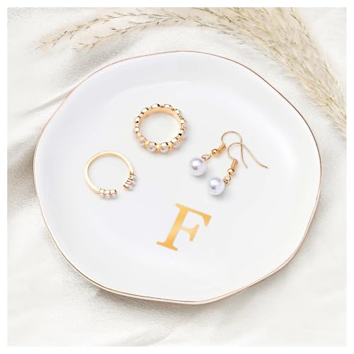 ProCase Ceramic Jewelry Tray, Initial Ring Dish Trinket Plate Engagement Gift, Small Personalized Monogram Ring Bowl for Wedding, White Decorative Jewelry Holder for Women Vanity -Letter F - style: F