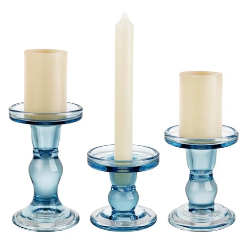 3-Piece Set of Blue Glass Candlestick, Crystal Candlestick Holder Holder and Conical Candle, Christmas Candle Holder Decoration, Family Living Room Wedding Candle Holder (Blue) - color: Blue
