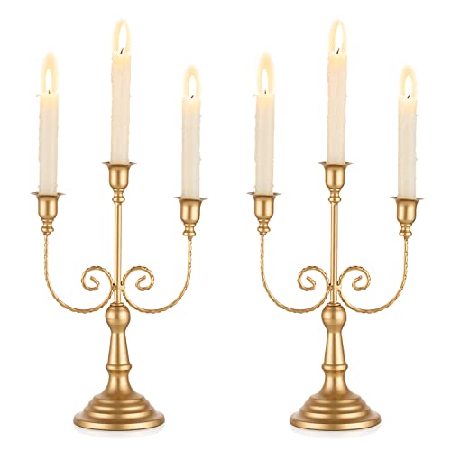 Romadedi Candelabra Gold Candle Holders - 3 Arm 11.8" Wedding Candlestick Holder for Theme Party Table Centerpiece Decor Dining Room Birthday Holiday Christmas, Set of 2 - color: Gold-3 Arm, size: 2pcs