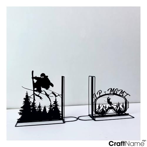 Sports Themed Metal Bookends, Book Ends for Shelves, Office Desk, Cookbook Stand, CD Holder, Magazine Holder for Office Organization, Housewarming Gifts New Home (Snow Skiing Design) - color: Snow Skiing Design