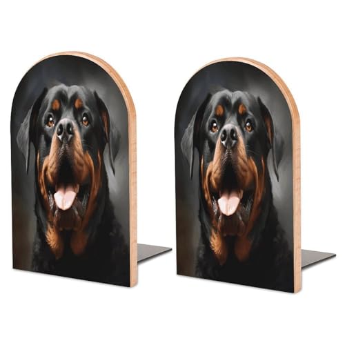 Cool Rottweiler Dog Art Bookend for Shelves Study Wood Bookend Support Heavy Duty Book End Non-Skid Decorative Book Stopper Book Organizer for Home Office Desktop Organizer 1 Pairs
